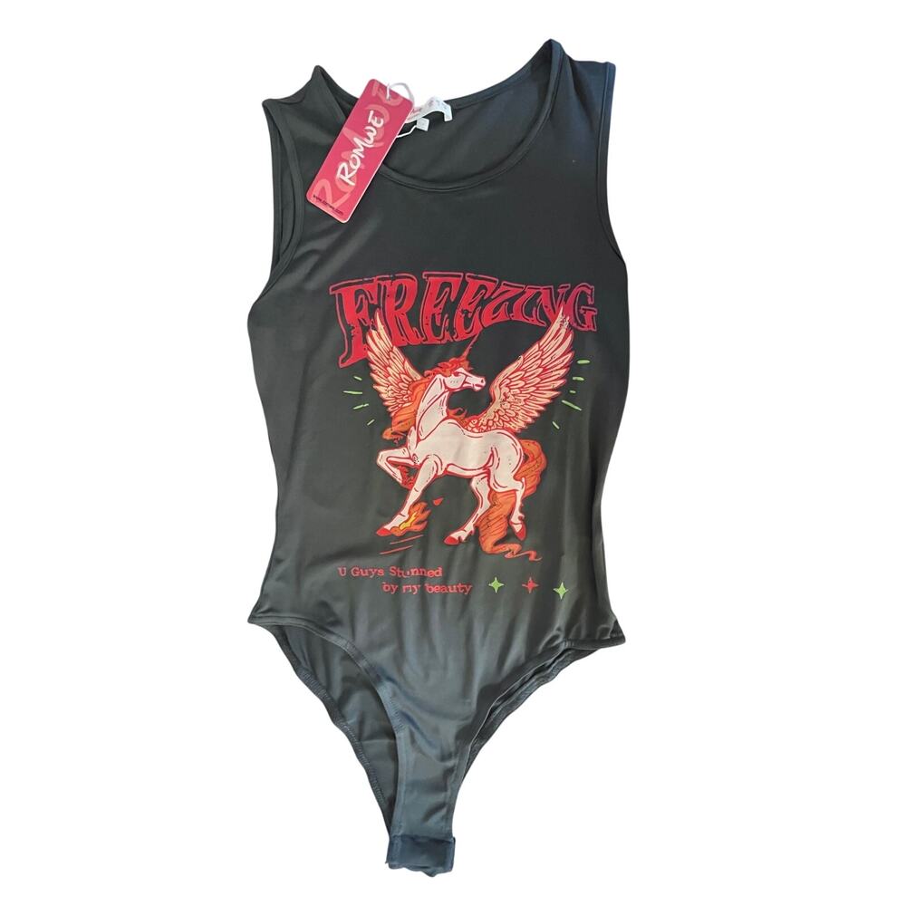 Romwe Graphic Print Winged Unicorn Bodysuit - Gray - Size: Xs/2 - NEW with Tag